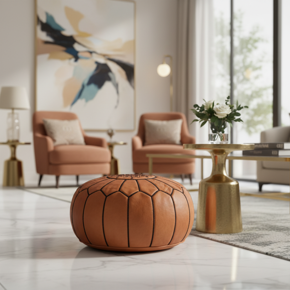 Natural leather pouf ottoman in a modern living room with neutral chairs and golden side tables.