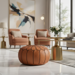 Natural leather pouf ottoman in a modern living room with neutral chairs and golden side tables.