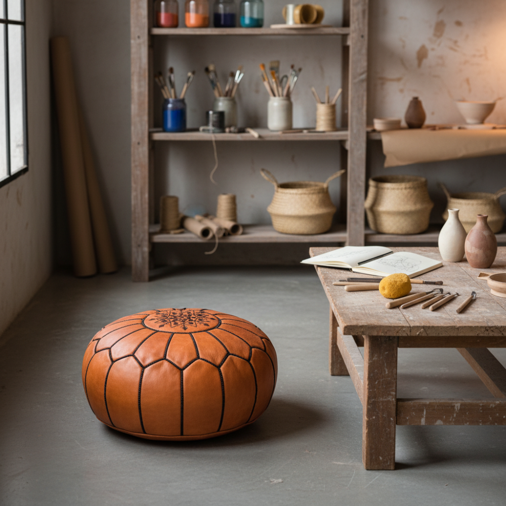 Natural leather pouf ottoman in an artisan studio surrounded by pottery tools and baskets.