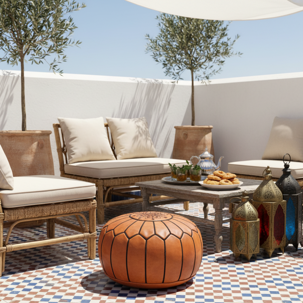 Natural leather pouf ottoman on a Moroccan terrace with traditional lanterns and mint tea service.