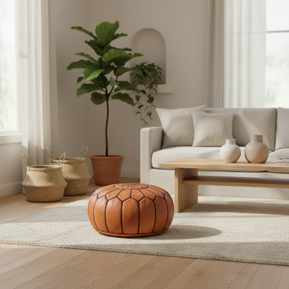Natural leather pouf ottoman placed in a contemporary living room with indoor plants and a beige sofa.