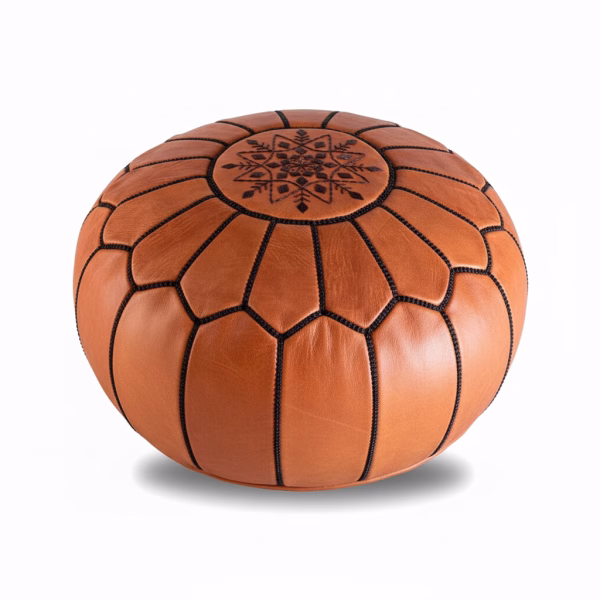 Natural leather pouf ottoman with Moroccan embroidery, displayed on a plain white background.