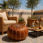 Moroccan leather floor ottoman on outdoor terrace patio with traditional tea set and wicker furniture