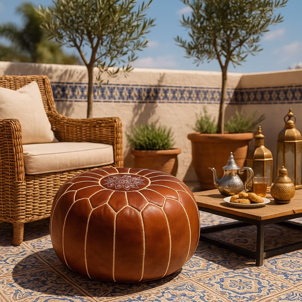 Outdoor Moroccan patio featuring a leather pouf brown next to rattan furniture and cactus decor.