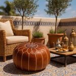 Outdoor Moroccan patio featuring a leather pouf brown next to rattan furniture and cactus decor.