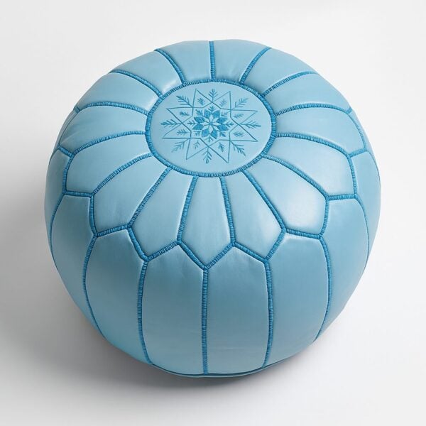 Overhead view of Round Moroccan Leather Pouf Blue Sky