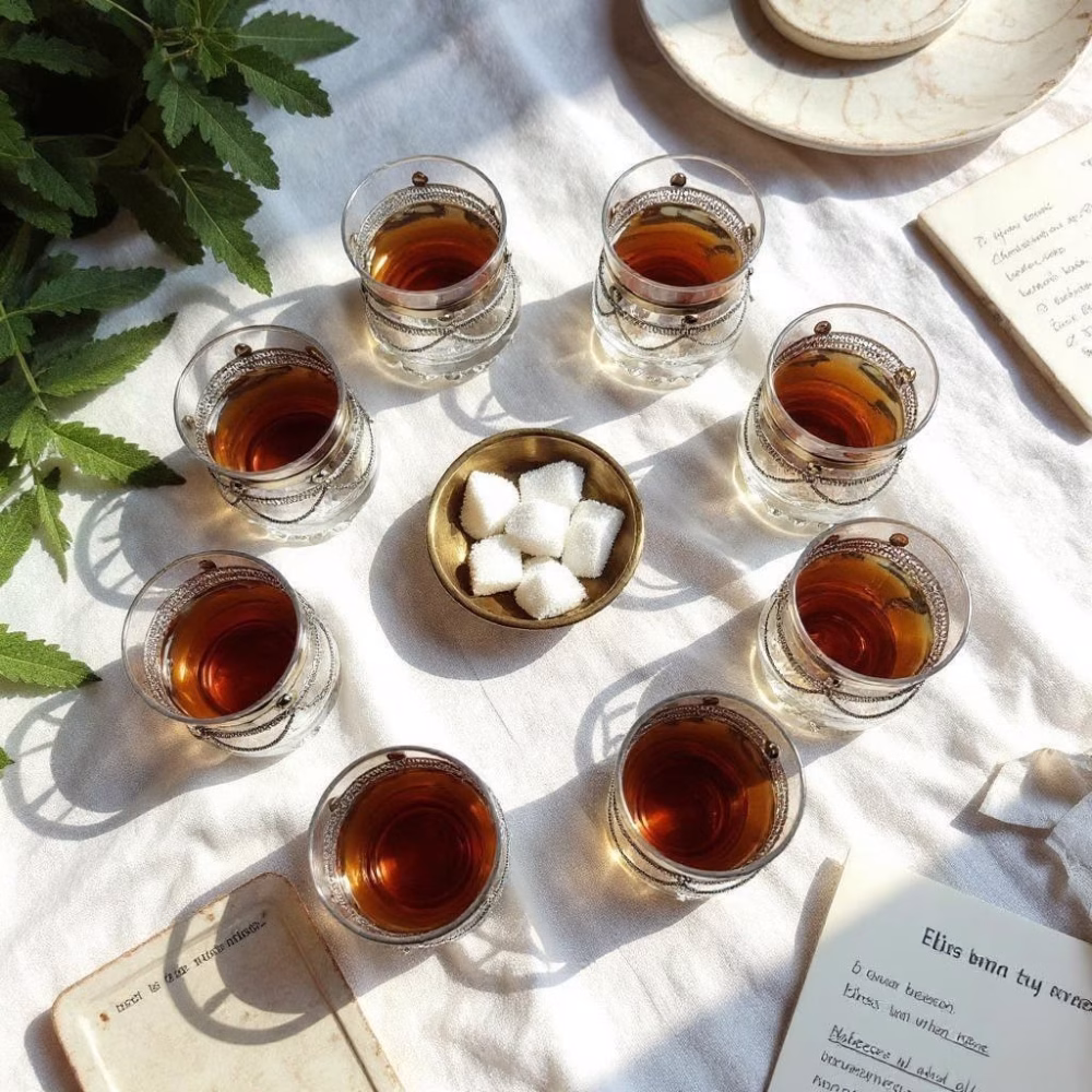 Overhead view of amber-filled moroccan tea glasses circling a bowl of sugar cubes on a sunlit linen table.