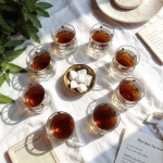 Overhead view of amber-filled moroccan tea glasses circling a bowl of sugar cubes on a sunlit linen table.