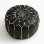 Black leather floor ottoman with white geometric stitching and star embroidery on round handcrafted pouf