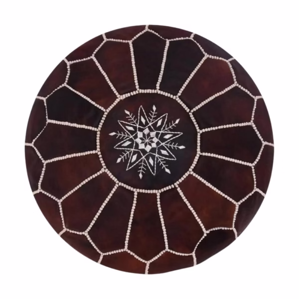Round Moroccan Leather Pouf Dark Brown