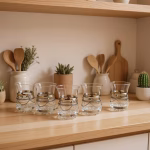 Row of five silver-trimmed moroccan tea glasses arranged on a wooden kitchen counter with potted succulents.