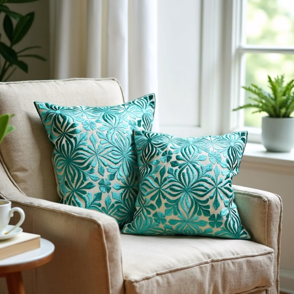 Set of green pillow covers in contemporary space