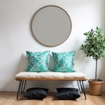Embroidered green pillows with minimalist decor
