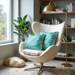 Teal floral pillow covers in modern white egg chair with textured embroidery detail