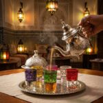 Mint tea poured into a silver tea set with colorful glasses inside a Moroccan riad with zellige tiles