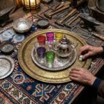 Hand-engraved teapot with curved spout and six multicolor glasses from a silver tea set on a carved tray