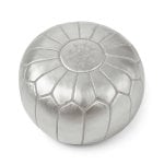 Silver leather round ottoman with star embroidery and geometric stitching - handcrafted Moroccan floor pouf