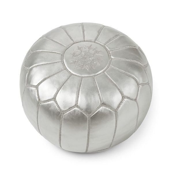 Silver leather pouf with intricate white stitching pattern
