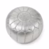 Silver leather pouf with intricate white stitching pattern