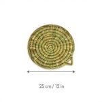 Round straw kitchenware placemat with diameter measurement showing 12-inch heat-resistant woven palm fiber design