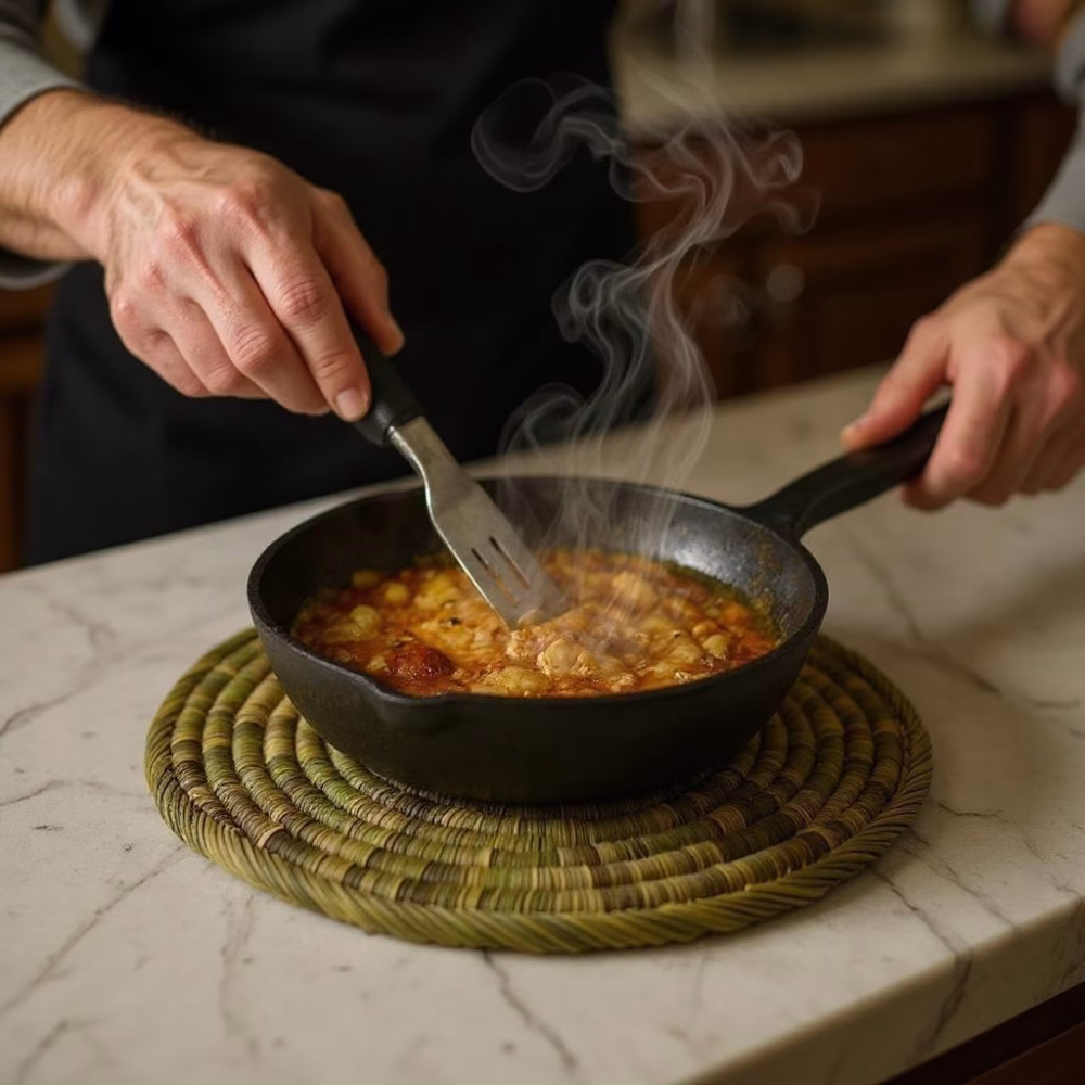 Straw placemat used as a heat-resistant trivet under a steaming cast-iron skillet