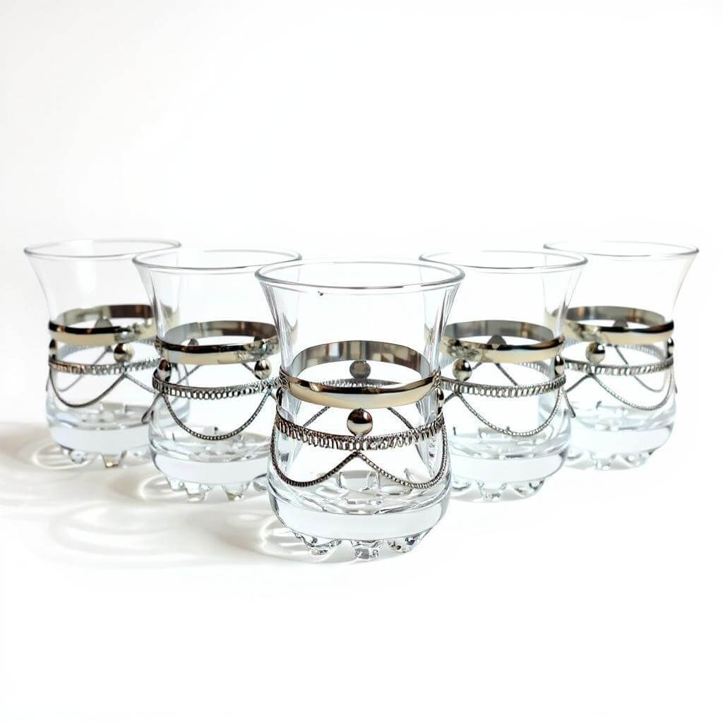 Studio lineup of six clear moroccan tea glasses with ornate silver chain bands, displayed against a white background. Silver tea glasses set of 6 with ornate filigree metal holders and clear glass on white background