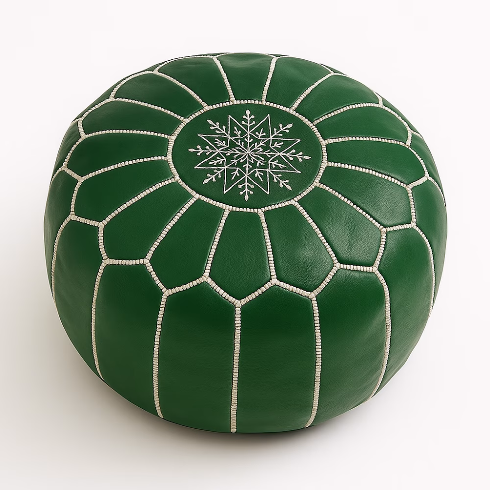 Studio product image of a Leather Pouf Green with traditional Moroccan embroidery and hand-stitched detailing.