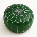 Studio product image of a Leather Pouf Green with traditional Moroccan embroidery and hand-stitched detailing.