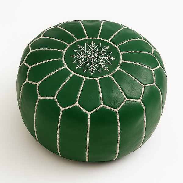 Studio product image of a Leather Pouf Green with traditional Moroccan embroidery and hand-stitched detailing.