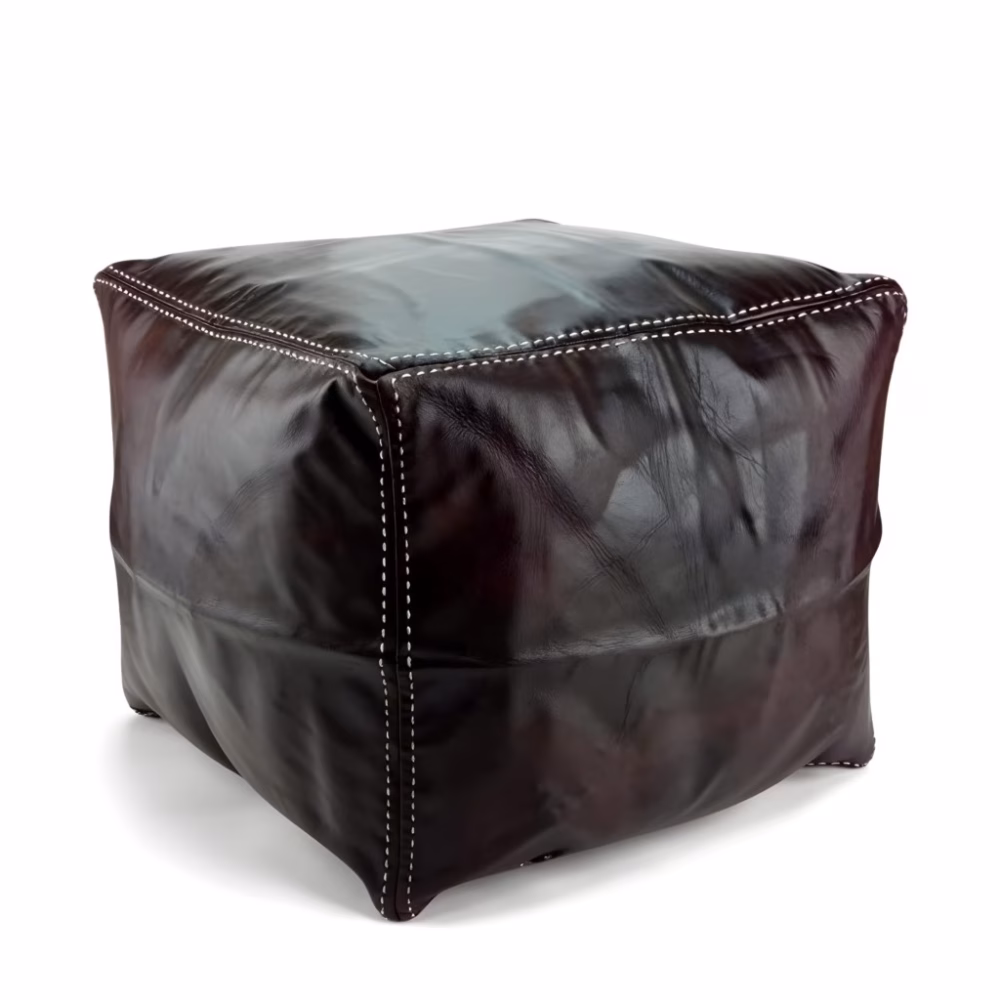 Dark brown leather pouf square with white contrast stitching