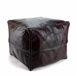 Dark brown leather pouf square with white contrast stitching