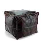 Dark brown leather pouf square with white contrast stitching