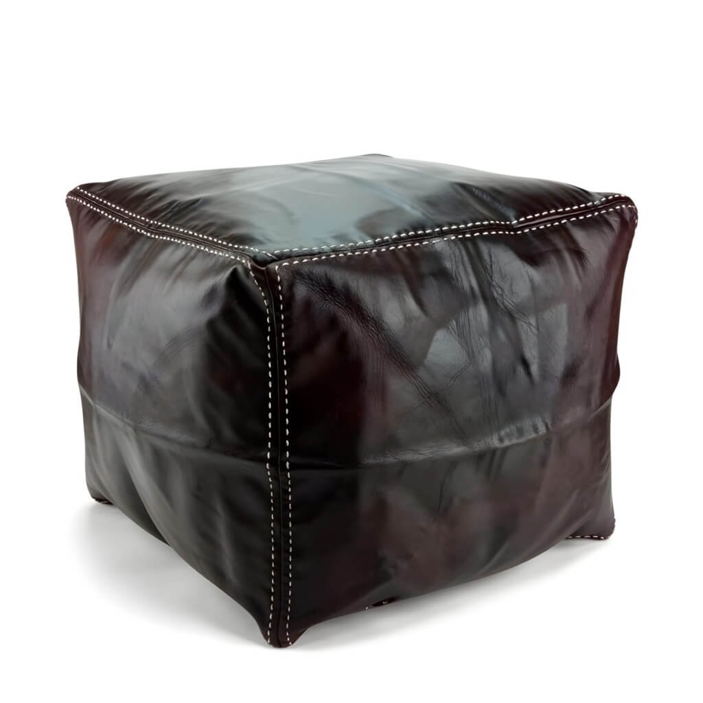 Stylish Leather Pouf Square with White Stitching in Dark Brown (1) Handcrafted square leather floor ottoman in dark brown with cream contrast stitching, 16 inch cube design