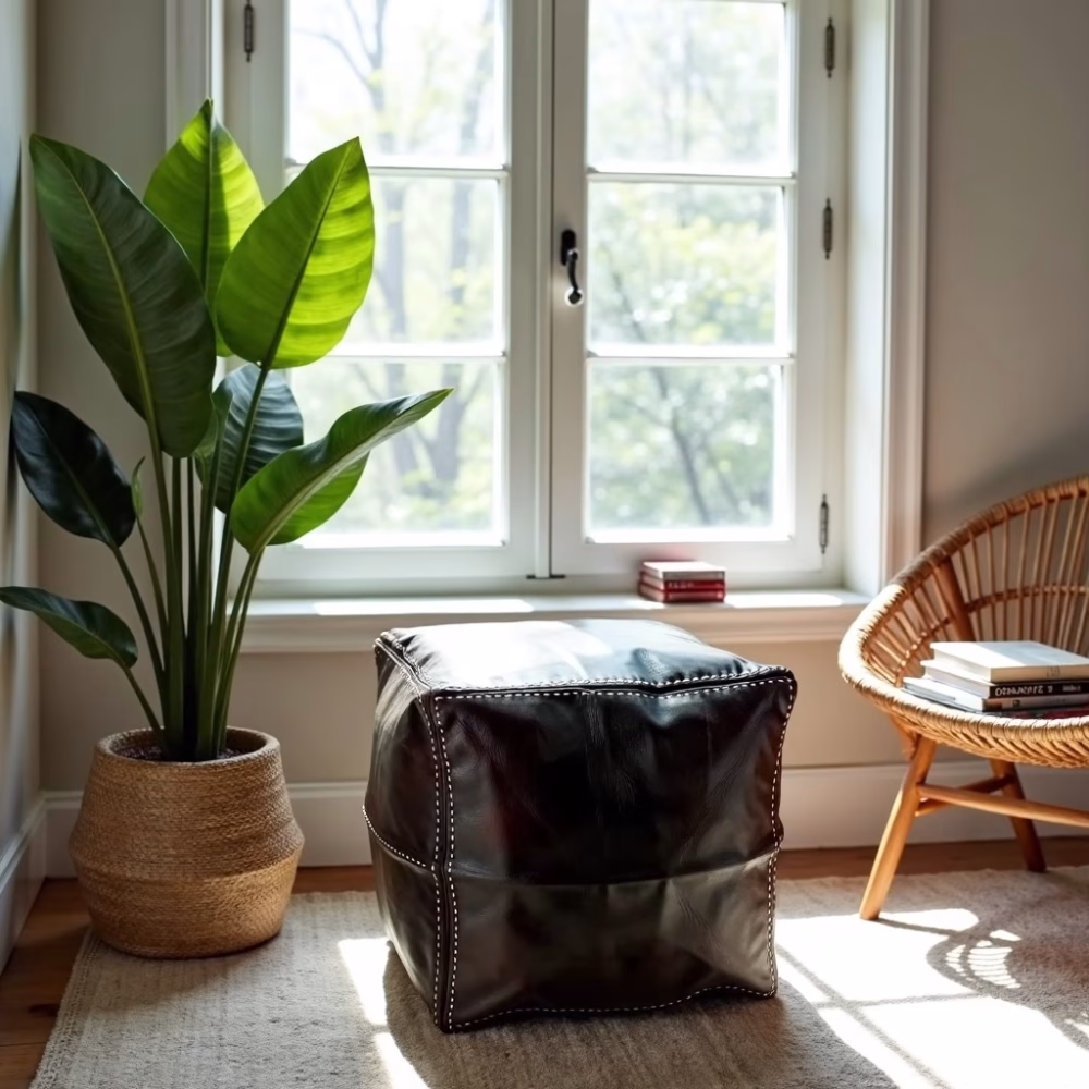 Square pouf with indoor plants and natural light