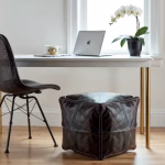 Dark brown pouf square in modern home office