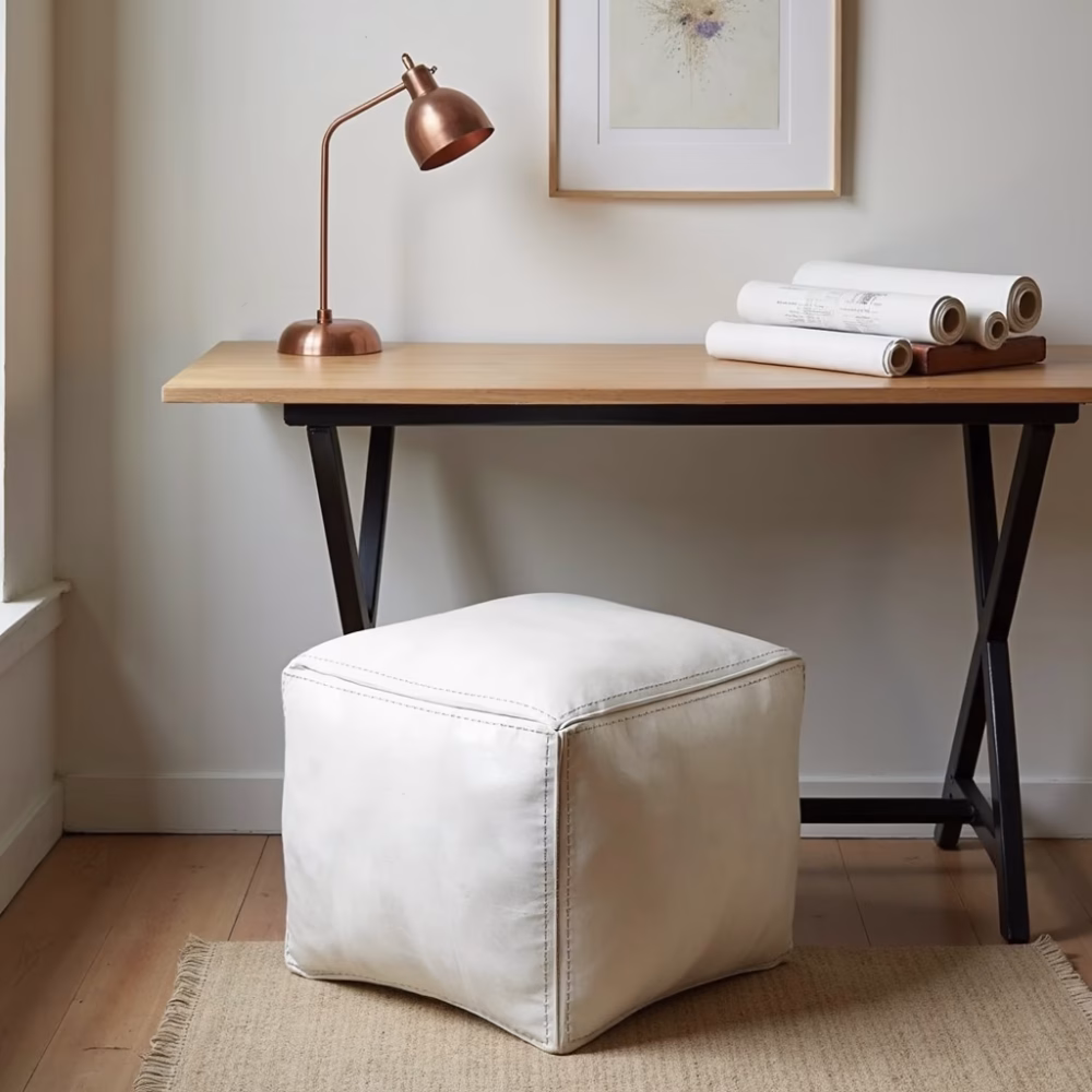 Clean white leather pouf product photo