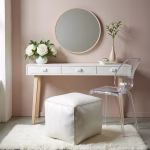 Elegant vanity setup with white square ottoman