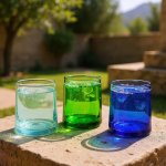 Sunlit scene of aqua, green, and cobalt moroccan wine glasses filled with sparkling water on a garden stone ledge.