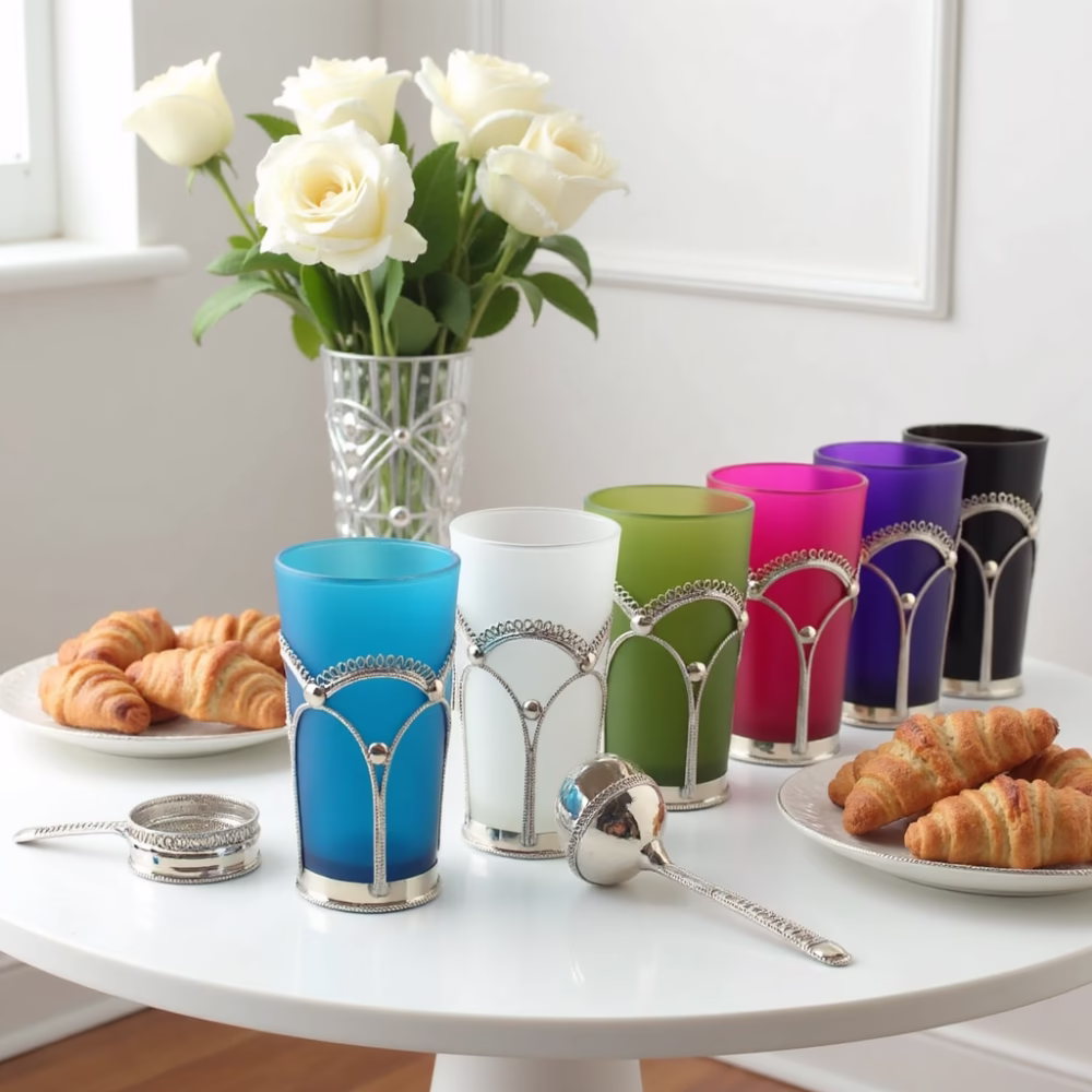 Colorful tea cups with metal decoration on breakfast table