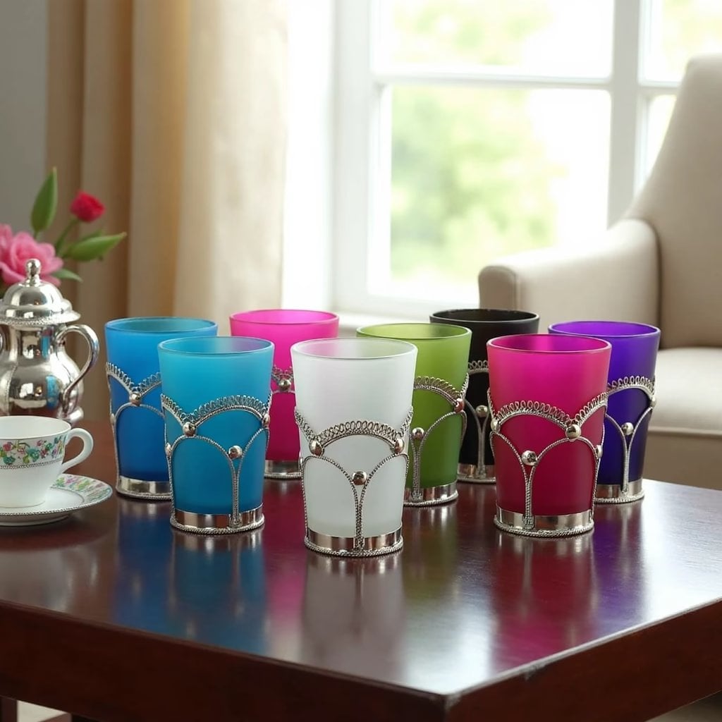 Six colorful tea glasses featuring blue, purple, and green hues in handcrafted silver filigree metalwork