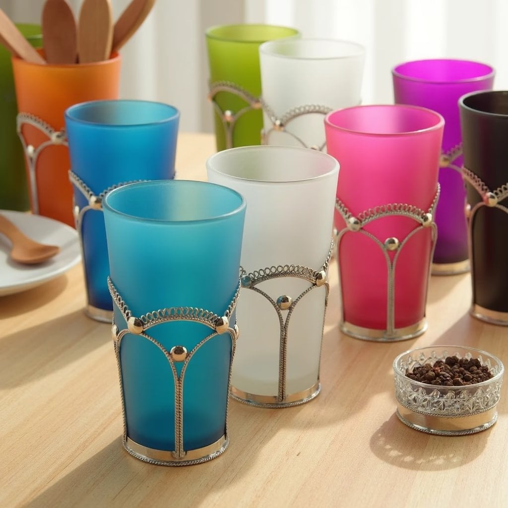 Set of six colorful tea glasses with silver filigree holders on a white kitchen surface