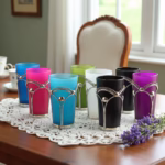Set of vibrant tea cups with metalwork on lace doily