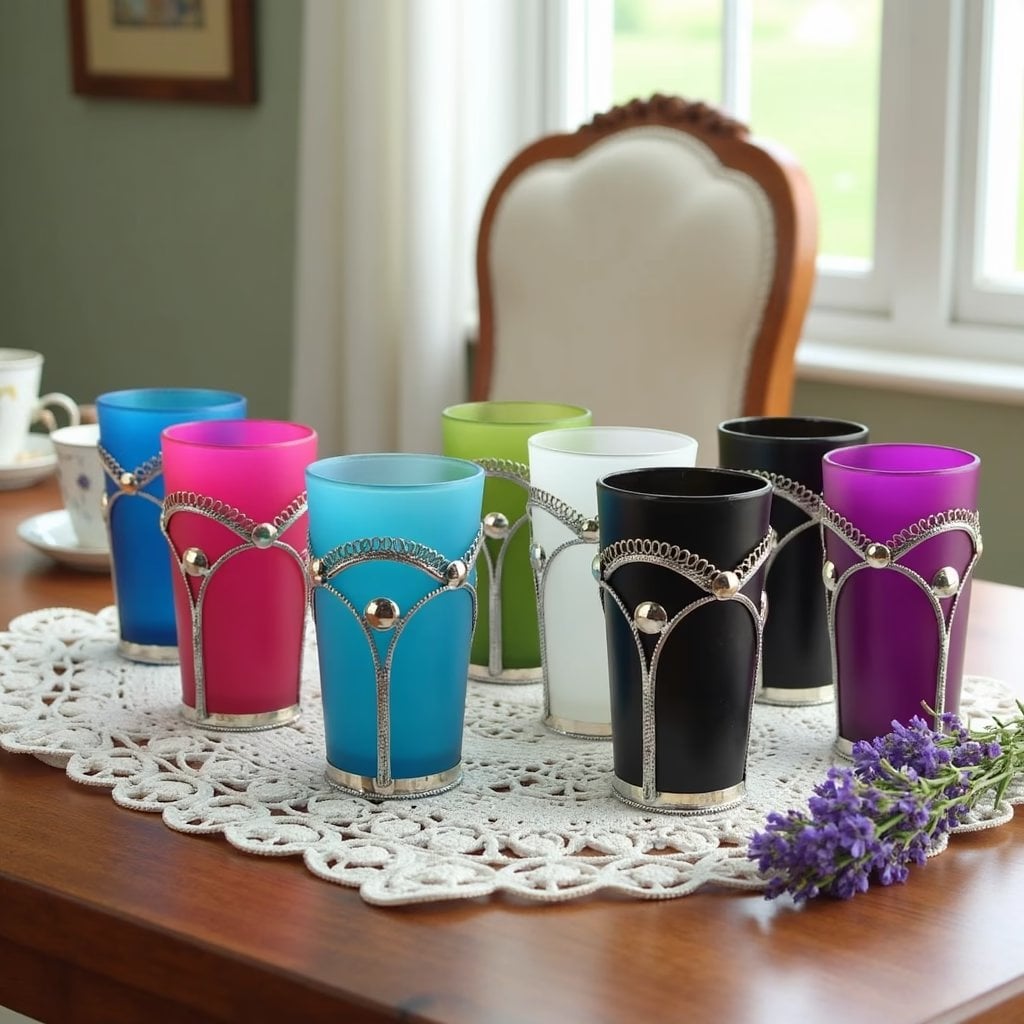 Jewel-tone colorful tea glasses in silver filigree holders on a lace cloth in a sunlit room
