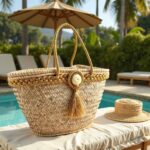 Gold straw bag in boutique, handwoven palm leaf tote with gold braided trim and tassel detail