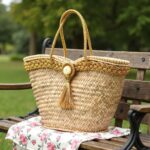Gold straw bag on garden bench, palm leaf woven tote with gold braided trim and tassel