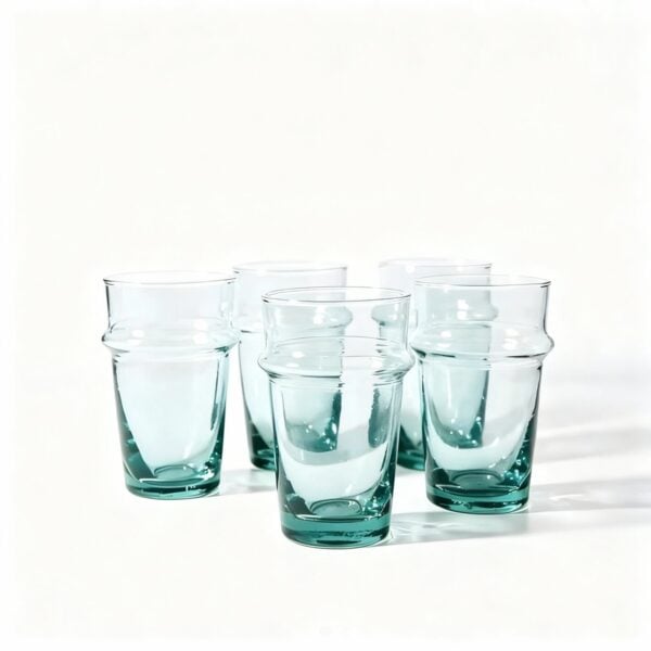 Stacked set of six aqua recycled glass beldi tea glasses with handblown organic rims on white background