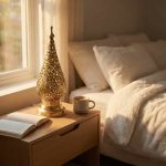 Warmly lit brass bedside lamp placed on a wooden nightstand next to a book and coffee mug in a cozy bedroom setting.