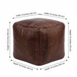 Dimensions guide for the dark brown square leather ottoman, indicating a width, depth, and height of 16 inches (40 cm).