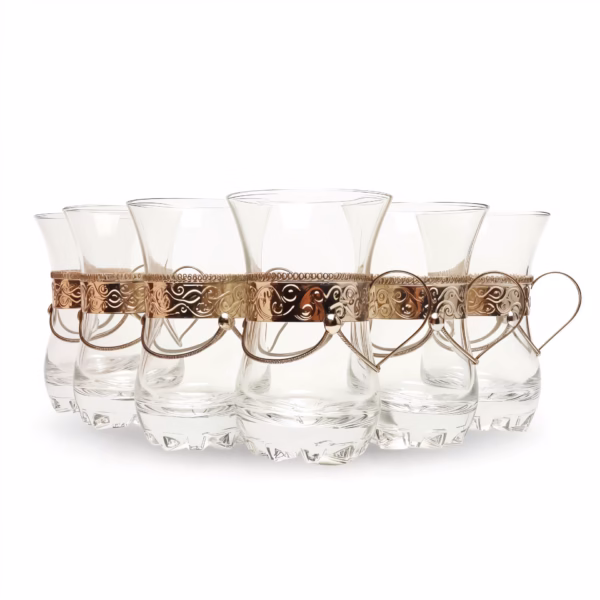 Set of 6 tea glasses with handles and silver metalwork