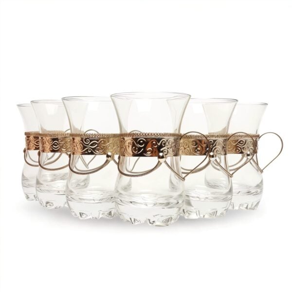 Set of 6 clear glass tea cups with handle in silver-tone pierced metal filigree sleeves with flared bases